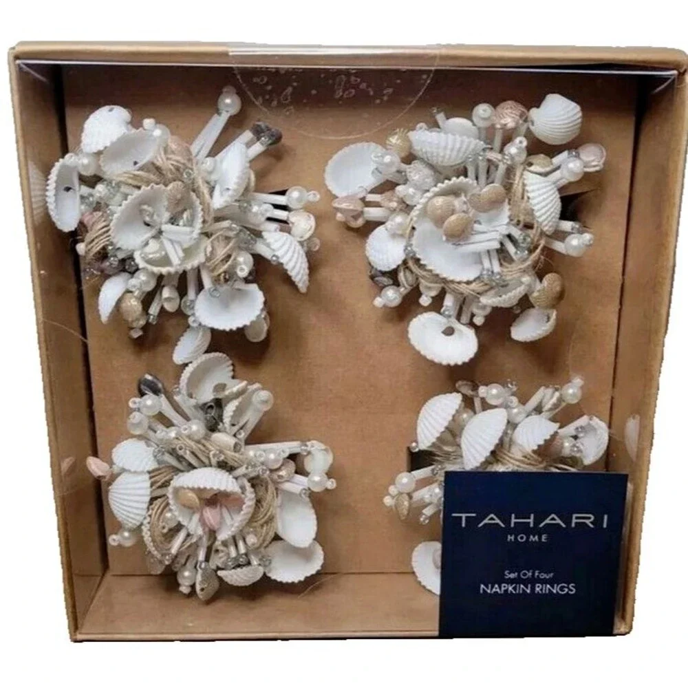 Tahari Home Napkin Rings Shells Pearls Summer Nautical Coastal White Set Of 4